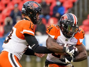BC Lions quarterback Michael Reilly (13) delivers the ball to BC Lions running back James Butler (24) on Saturday at BMO Field.
