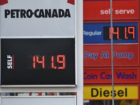 Some of the gas prices at the pump soared to 141.9 along 107 Ave. in Edmonton on October 6, 2021.