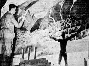 Artist Julius Griffith working on his mural The West in the Vancouver Sun lobby at 125 West Pender, on October 21, 1933. The mural was probably destroyed in a fire in March 1937. This is a photo of the mural on physical paper , which is in the BC Legislative Library in Victoria.