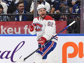Jonathan Drouin of the Canadiens celebrates after scoring the opening goal on Wednesday night in Toronto.