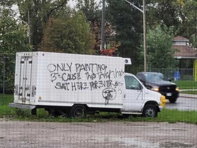 Graffiti vandalism left on the side of a truck on Drouillard Road in Windsor.  Photographed October 15, 2021. Image courtesy of RJ Snively.