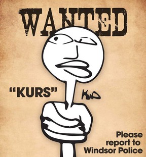 A 'wanted' poster for the repeated Windsor graffiti hooligan who uses the KURS tag.  Poster created by Shane Potvin, President of Ford City BIA.