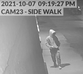 Surveillance camera footage from the 2900 block of Tecumseh Road East in Windsor showing an individual believed to be responsible for the KURS graffiti tag.