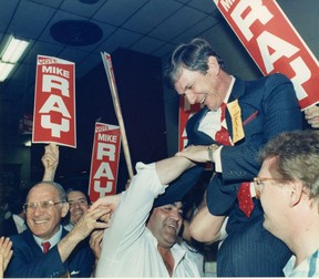 The sweet taste of victory: Mike Ray is hoisted aloft on Election Night, August 4, 1987.