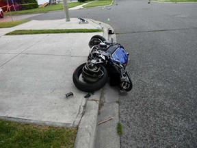 The 2003 Suzuki motorcycle at the scene of the accident at Tourangeau Road and Alice Street in Windsor on June 24, 2021.
