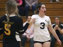 General Amherst's Brynlee Ammonite, left, and Abby Orchard celebrate a point against Widdifield High School in the OFSAA Girls' AA Volleyball Championship on March 11, 2020. That was the last local high school event before the COVID-19 pandemic.
