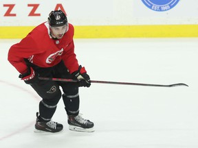 Due to an injury to the Senators' Shane Pinto, seen here at practice Friday, he is expected to play center between Tim Stuetzle and Connor Brown to start Saturday's game against the Rangers.