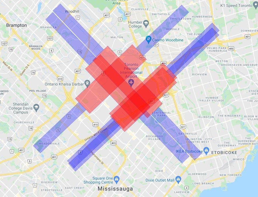 The federal government has proposed no-go zones (red) around airport runways where 5G base stations are not allowed plus buffer zones (purple) where 5G services face restrictions.