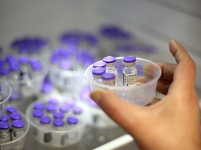 A nurse pulls vials of Pfizer-BioNTech's Comirnaty COVID-19 vaccine from a refrigerator at the Baleone Vaccine Center.
