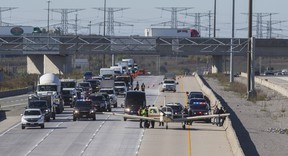 A plane made an emergency landing on Highway 407, near Woodbine Ave. in Markham, Ontario.  on Wednesday October 27, 2021.