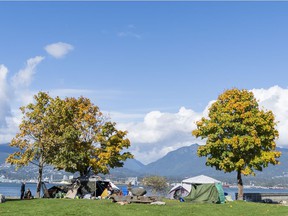 Homeless campers pitched their tents at CRAB Park in Vancouver, BC, on October 10, 2021.