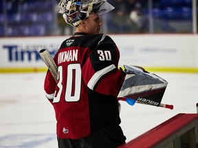Giants goalkeeper Jesper Vikman has a water break during last Friday's game at Langley Events Center.