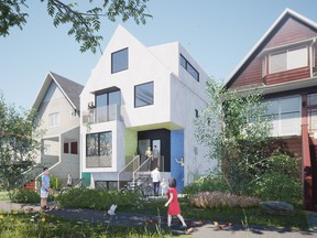 A design by MA + HG Architects showing a four-unit front building next to older single-family residents.  This plan also includes a two-unit lane building.