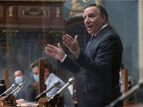 Quebec Prime Minister François Legault responds to the opposition during the question period on Tuesday, September 28, 2021 in the Quebec City legislature.