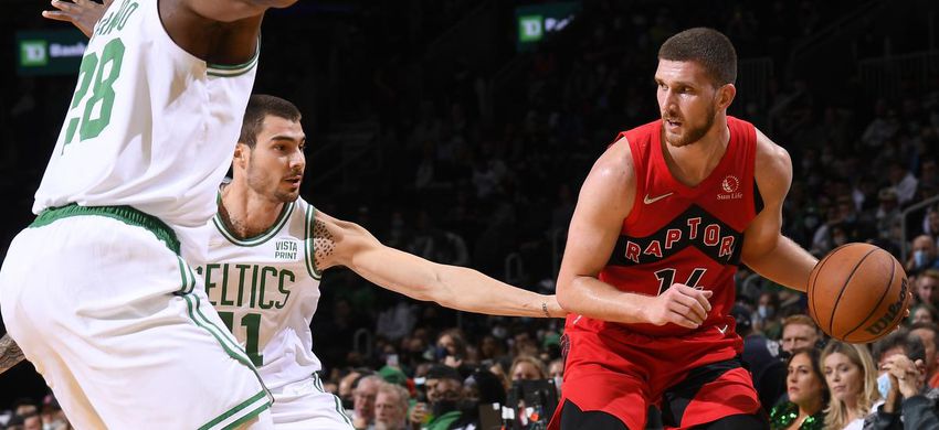 Raptors forward Svi Mykhailiuk appears to pass in Saturday night's road game against the Celtics.