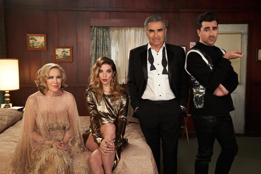 Catherine O'Hara, left to right, Annie Murphy, Eugene Levy and Daniel Levy in Schitt's Creek season 6.