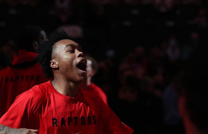 Toronto Raptors rookie Scottie Barnes screams when introduced before a preseason game against the Philadelphia 76ers at Scotiabank Arena on Monday.