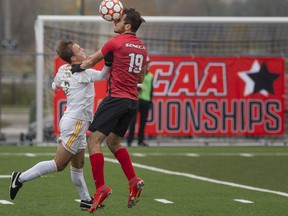 Matteo Mejalli of St. Clair, left, faces Aaron Toniolo of Seneca during the OCAA Men's Soccer Championships bronze medal game at Acumen Stadium on Saturday.