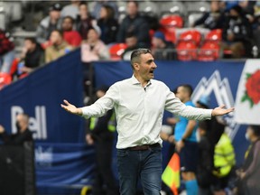 Vancouver Whitecaps head coach Vanni Sartini reacts during the first half against Minnesota United FC at BC Place.