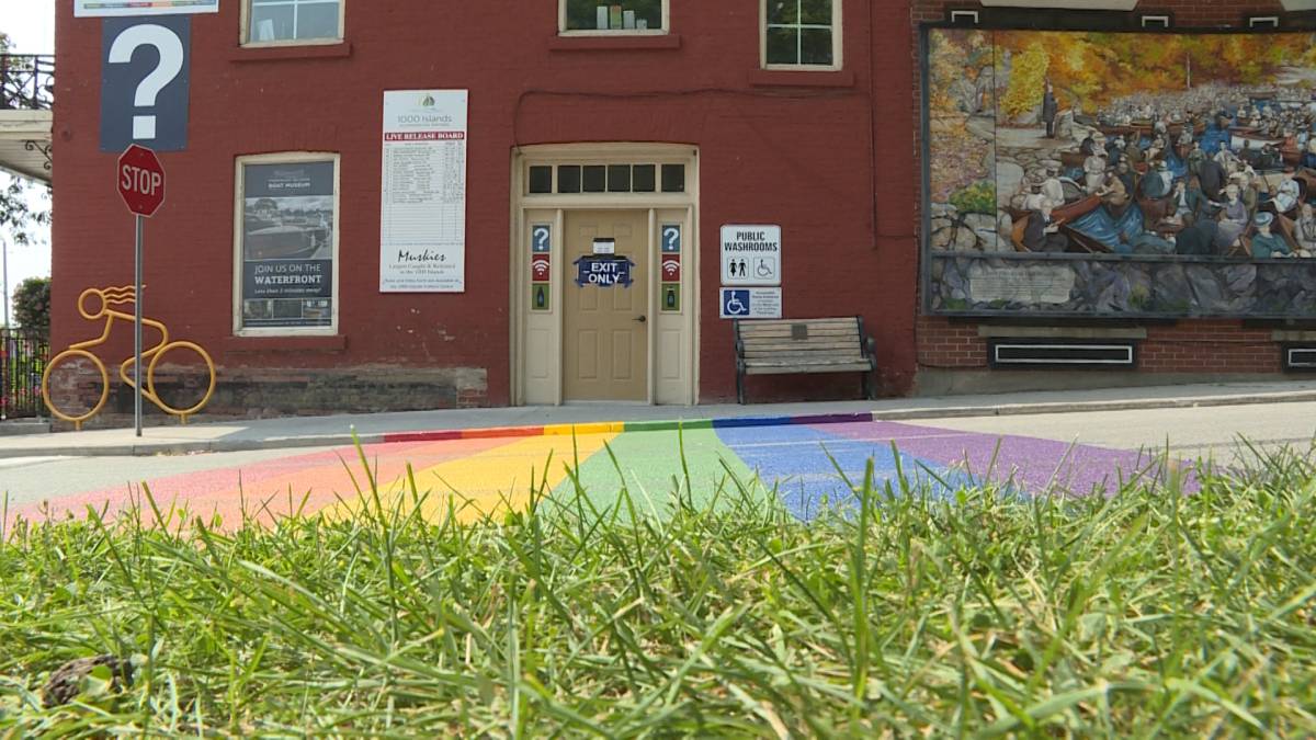 Click to play video: 'Pride rainbow crosswalk painted on Park Street in Gananoque vandalized a second time'