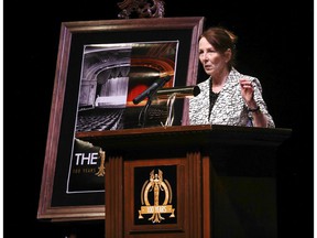 Sheila Wisdom, executive director of the Windsor Symphony Orchestra, speaks at a press conference Tuesday at the Capitol Theater.