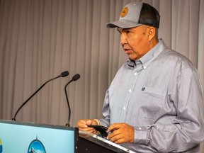 Chief Marvin Yahey of the Blueberry First Nations at a press conference where an agreement with the British Columbia government was announced.  Adjacent Treaty 8 First Nations say they have, so far, been excluded by the province despite overlapping interests with Blueberry Nation.