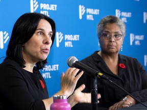 Valérie Plante, left, and Dominique Ollivier during a press conference in Montreal on Tuesday, Nov.2, 2021.