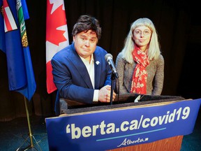 Donovan Workun and Abby Vanderberghe as Prime Minister Jason Kenney and Dr. Deena Hinshaw.