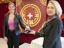 Westmount - Saint-Louis MNA Jennifer Maccarone, left, presents the National Assembly Medal of Honor to Sonia Bélanger, director of CIUSSS du Center-Sud l'Ile-de-Montréal on Monday, November 8, 2021 at the Hospital Chino de Montreal. 