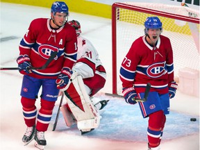 Canadiens' Tyler Toffoli celebrates his goal against Carolina Hurricanes goalkeeper Frederik Andersen last month as teammate Nick Suzuki watched.  It was one of only three goals Toffoli has scored this season.