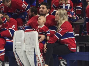 Carey Price with his wife Angela and daughter Liv Anniston during the Canadiens Photo Day at the Bell Center in Montreal on March 27, 2017.