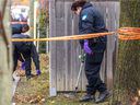 Montreal police used metal detectors on Monday to search for stray bullets following the fatal shooting of a 16-year-old boy in St-Michel on November 14, 2021.