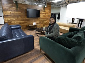 Nancy Morisseau of the Mission Welcome Hall shows the media the rest area at a new community center located above the mission's Montreal North food bank on November 15, 2021.