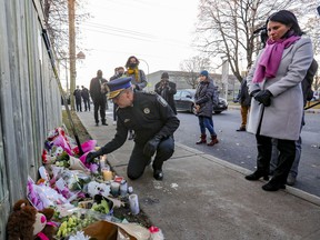 Montreal Mayor Valérie Plante and Police Chief Sylvain Caron brought flowers to a memorial at the site of the shooting murder of 16-year-old Thomas Trudel.