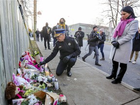 Montreal Mayor Valérie Plante and Police Chief Sylvain Caron brought flowers to a memorial at the site of the shooting death of 16-year-old Thomas Trudel in St-Michel on November 16, 2021.