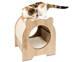 It's a bench scratcher and kitty castle all rolled into one.  Vesper Minou Kitty Hideout, $ 99, catit.ca