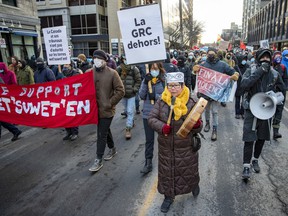 Wet'suwet'en elder Marlene Hale leads a rally showing her support for the people of Wet'suwet'en in British Columbia, who are fighting the construction of a gas pipeline by Coastal Gas Linkin, in Montreal on Saturday 27 November 2021.