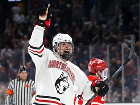 Aidan McDonough of the Northeastern Huskies celebrates after scoring a goal during the second period of the 2020 Beanpot Tournament Championship game between the Northeastern Huskies and the Boston University Terriers at TD Garden on February 10, 2020 in Boston.