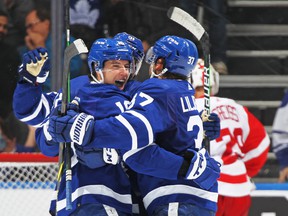 Mitch Marner of the Toronto Maple Leafs celebrates his first goal of the season against the Detroit Red Wings at the Scotiabank Arena on October 30, 2021.