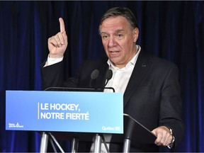 Quebec Prime Minister François Legault makes an announcement to develop the game of hockey within the province of Quebec and increase the number of Quebecers in the NHL, ahead of the game between the Montreal Canadiens and the Pittsburgh Penguins at the Bell Center on November 18th.  , 2021, in Montreal.