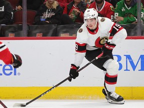 A file photo of Senators winger Drake Batherson, who was cleared to play at home against the Penguins on Saturday night after receiving a negative test result for COVID-19.