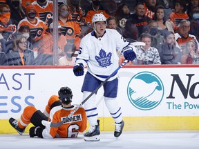 Ondrej Kase of the Toronto Maple Leafs reacts to a call during the first period against the Philadelphia Flyers at the Wells Fargo Center on November 10, 2021 in Philadelphia.