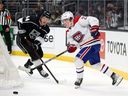 Cole Caufield of the Montreal Canadiens skates the puck against the Los Angeles Kings during the third period at Staples Center on October 30, 2021, in Los Angeles.