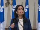 Quebec Liberal Leader Dominique Anglade responds to journalists' questions at a press conference, Tuesday, March 9, 2021, at the legislature in Quebec City.
