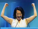 Valérie Plante celebrates in front of her supporters at the Olympia Theater in Montreal on Sunday, November 7, 2021 after her victory in the municipal elections.