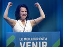 Valérie Plante takes the stage after being re-elected as mayor of Montreal on Sunday night.