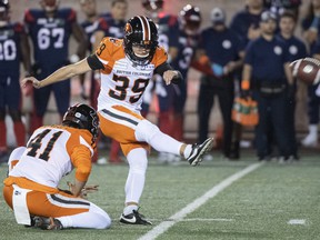 Jimmy Camacho, shown landing a field goal in Montreal against the Alouettes earlier this season, is one of three kickers now auditioning for the kicking spot when the BC Lions host the Calgary Stampeders in a game that must win on Friday.