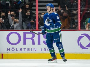 Canucks winger Vasily Podkolzin celebrates after his third goal of the season, a laser-like shot he fired at Dallas Stars goalkeeper Anton Khudobin on Sunday at Rogers Arena.  