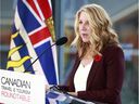 Bridgitte Anderson, President and CEO of the Greater Vancouver Board of Trade, speaks at the Canada Travel and Tourism Roundtable on November 10, 2021 in Vancouver.