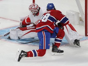 Detroit Red Wings goalkeeper Alex Nedeljkovic stops a shot by Christian Dvorak of the Canadiens in Montreal on November 2, 2021.